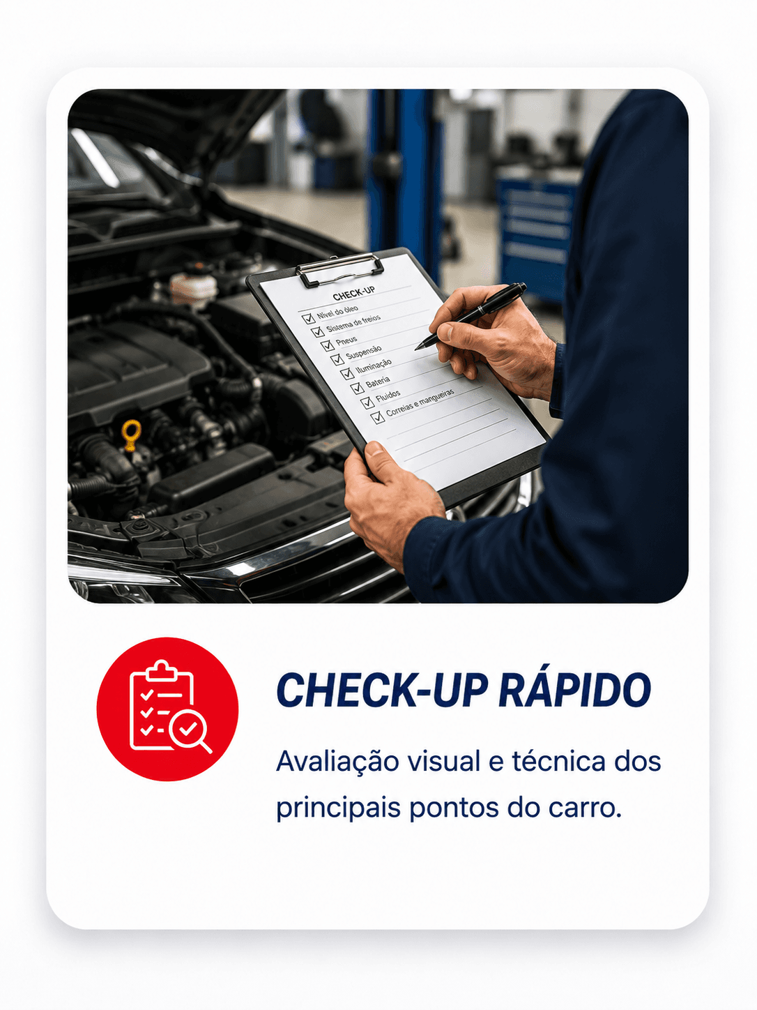 Checklist automotivo em prancheta durante avaliação técnica