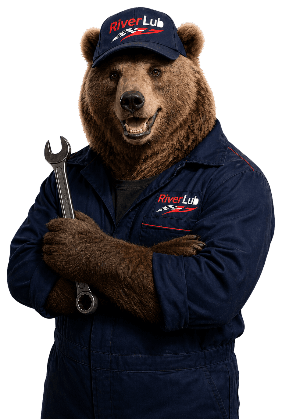 Mascote urso da RiverLub segurando uma chave em uniforme automotivo